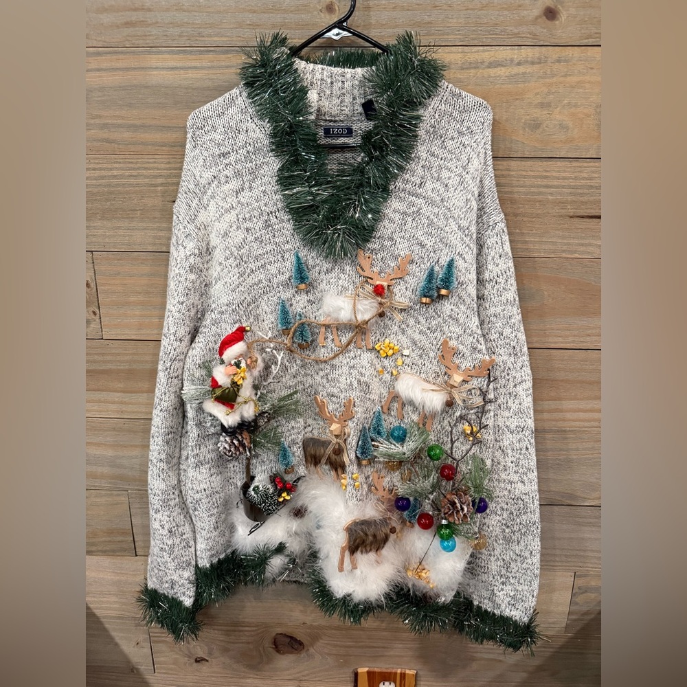 Izod Festive Ugly Gray V-Neck Sweater with Green Trim(lights up)
